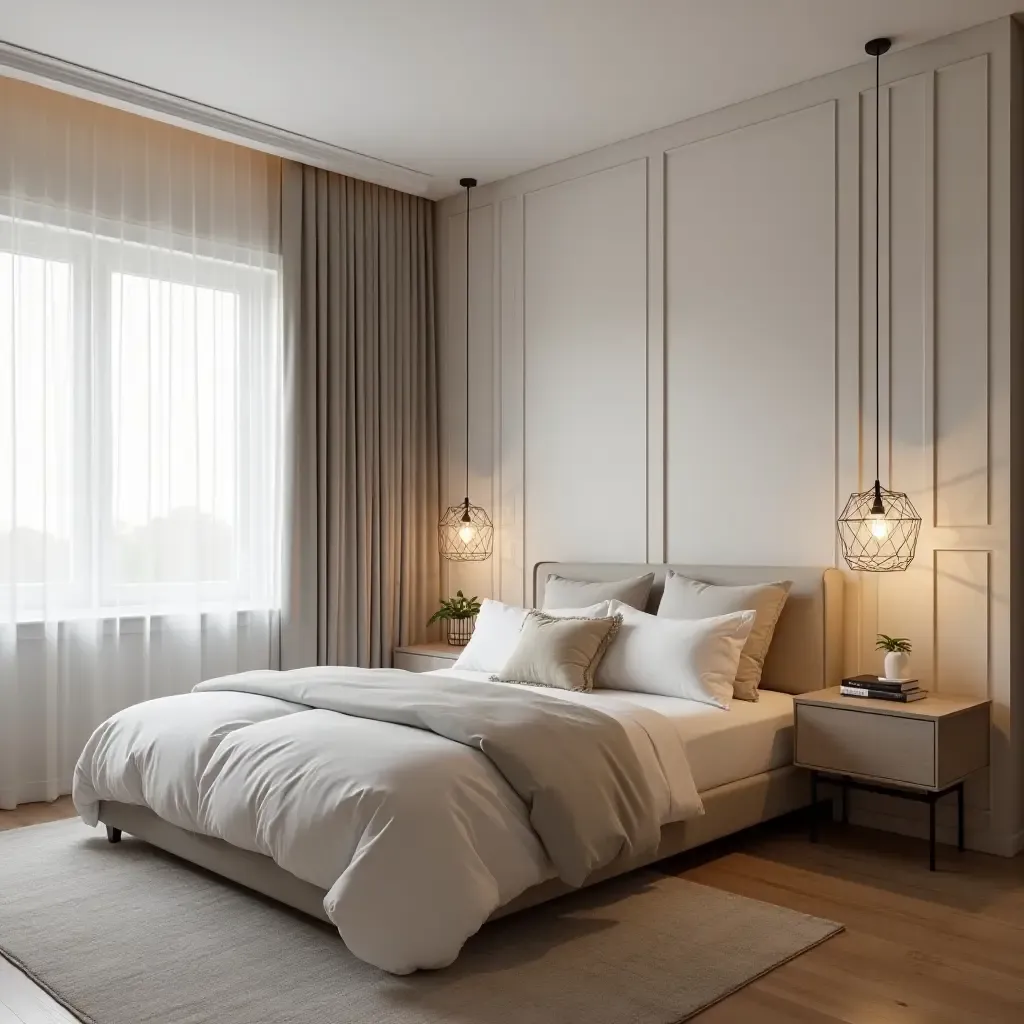 a photo of a chic teen bedroom with geometric pendant lighting