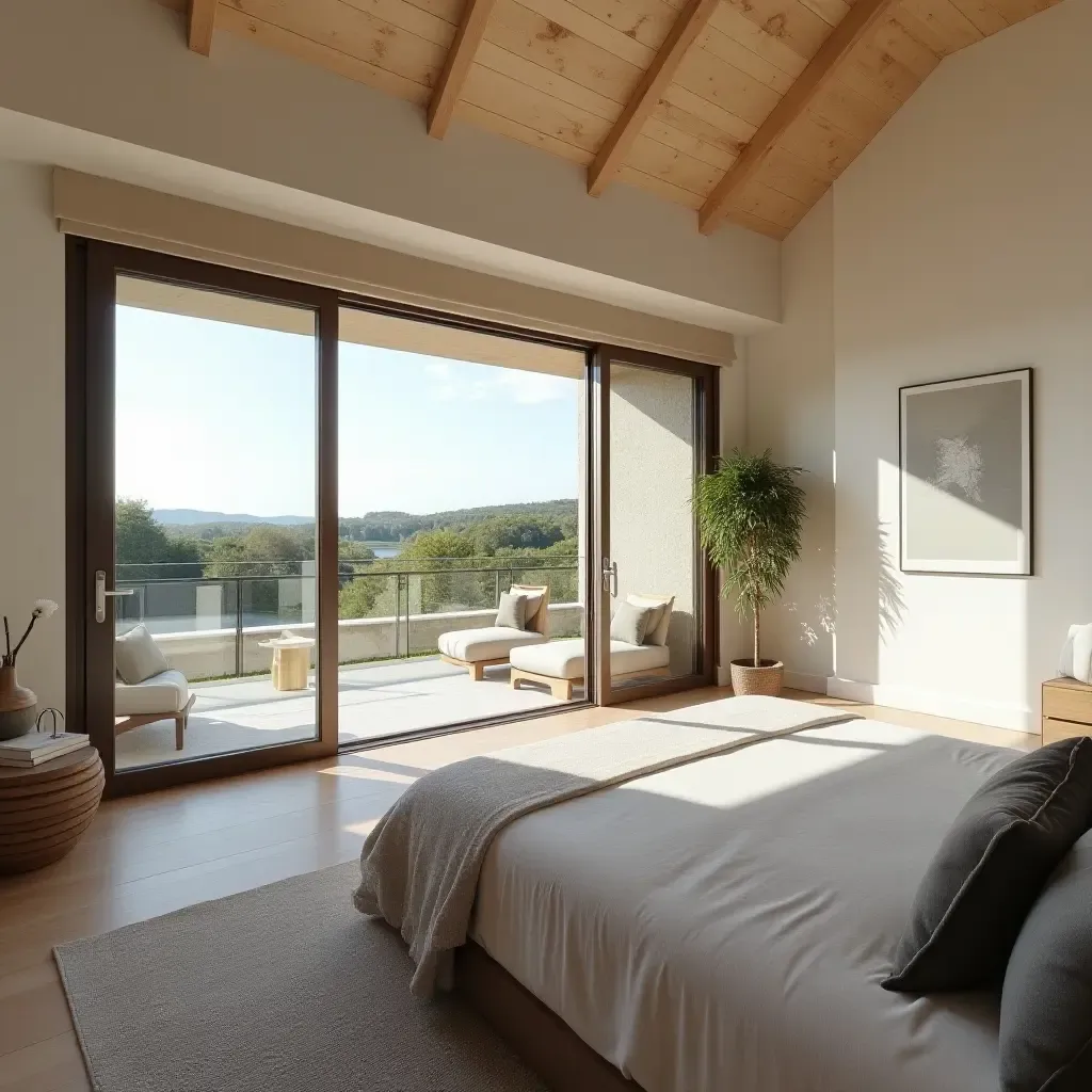 a photo of a master bedroom with an open layout and sliding glass doors to a balcony