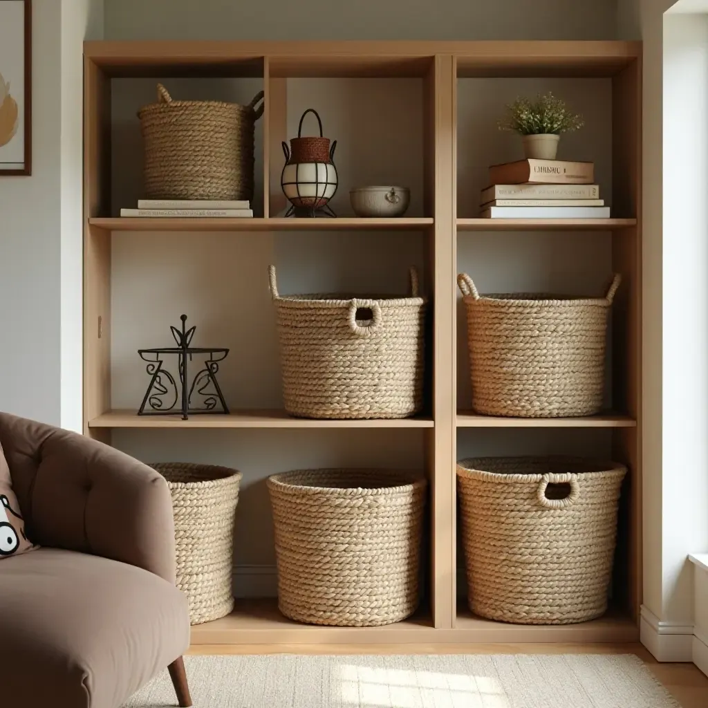 a photo of a cozy basement with decorative baskets for storage