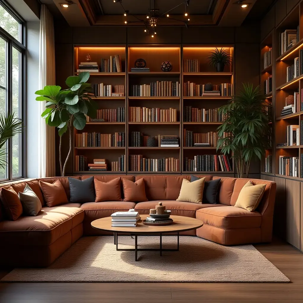 a photo of a library featuring cozy reading spots and artistic shelving