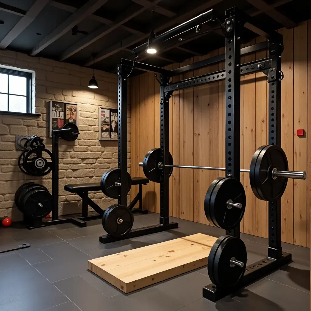 a photo of a basement gym featuring metal weights and rustic decor