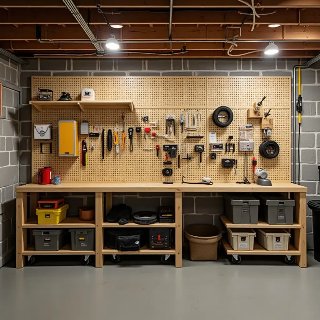 a photo of a functional basement with a pegboard organization system