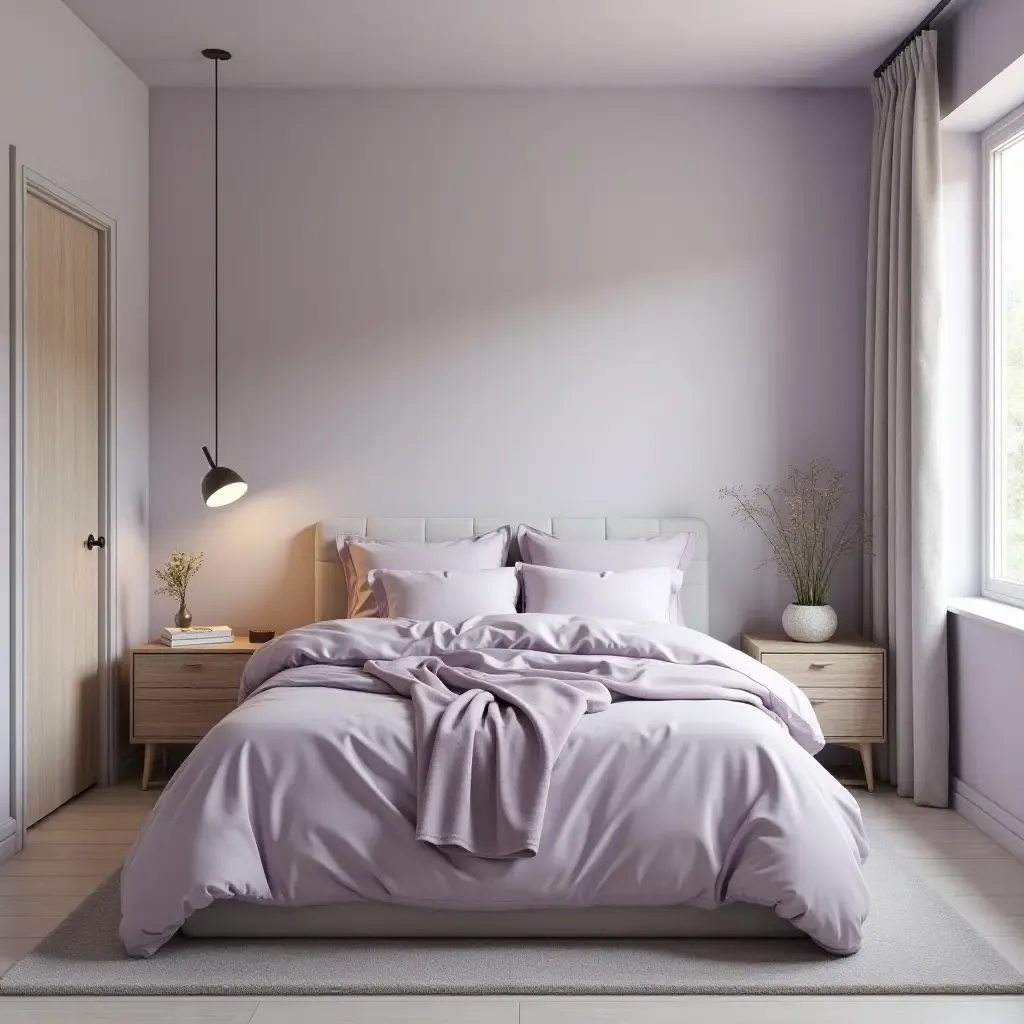 a photo of a calming lavender and soft gray bedroom with gentle textures