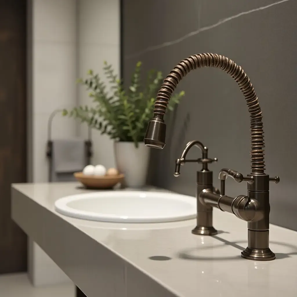 a photo of a unique faucet design in an industrial bathroom