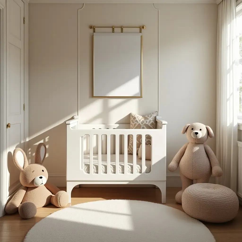 a photo of a glamorous nursery with gold accents and plush toys