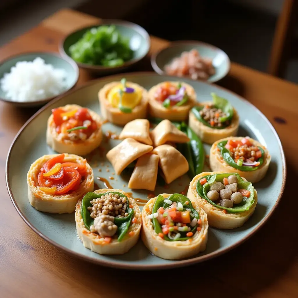 a photo of Gyeongju&#x27;s ssambap, colorful rice wraps with assorted side dishes on a wooden table.