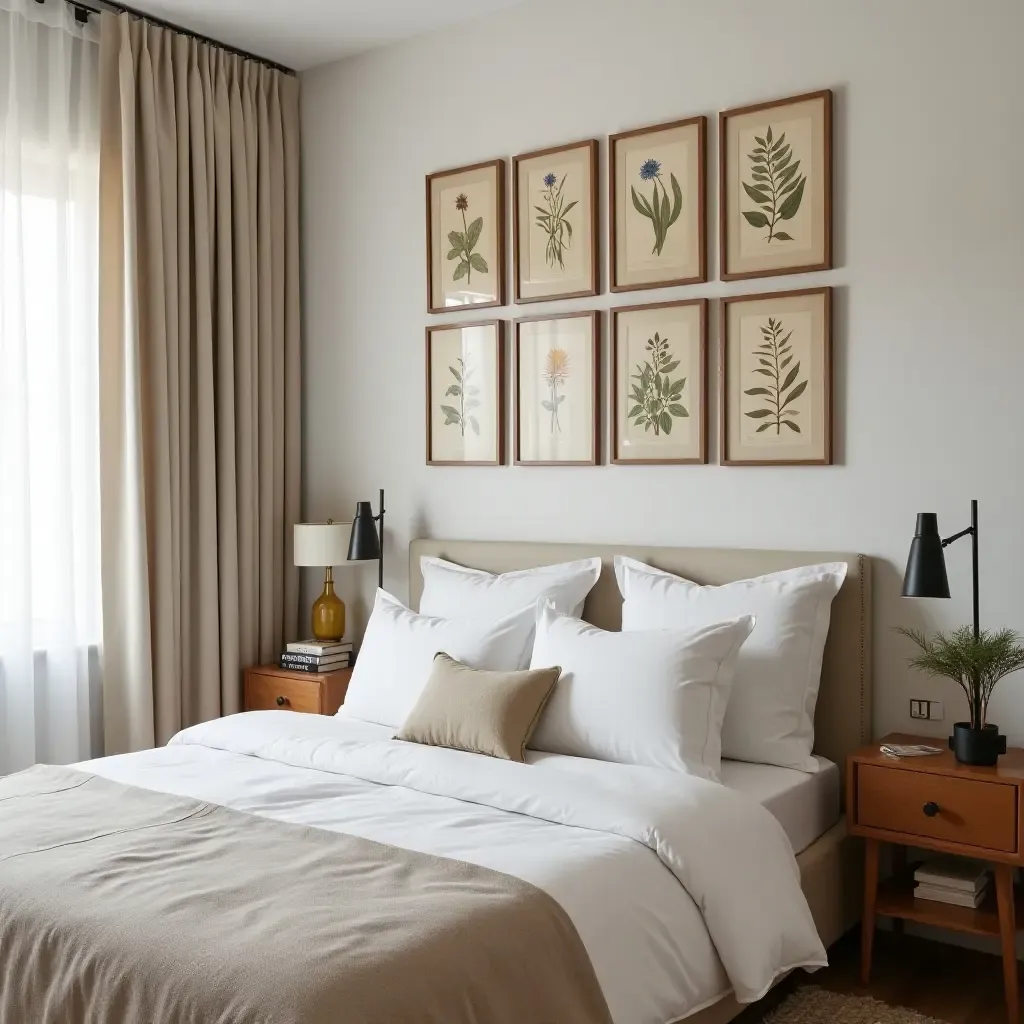 a photo of a cozy bedroom with a gallery wall of vintage botanical prints