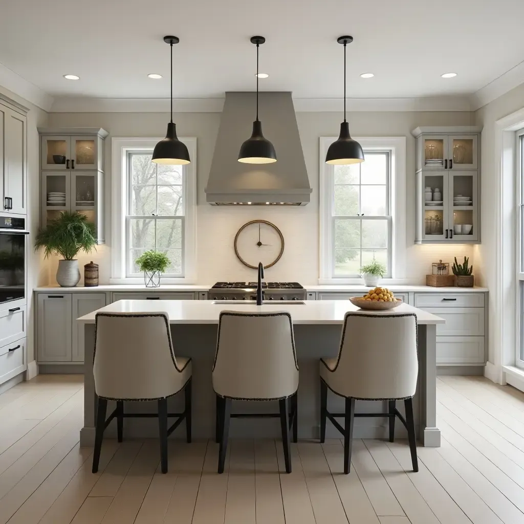 a photo of a contemporary kitchen island with pendant lighting and comfortable chairs