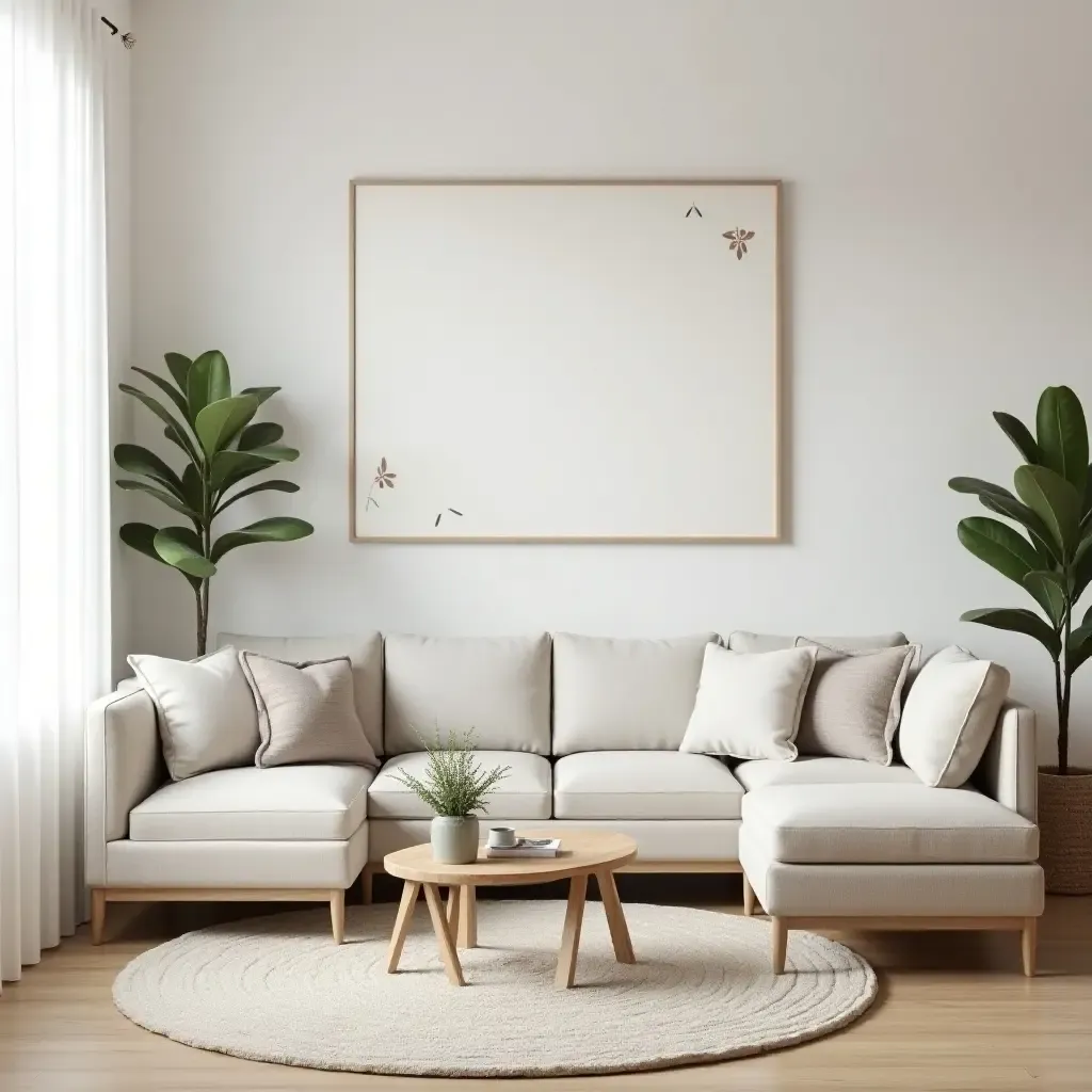 a photo of a small living room with a neutral color palette