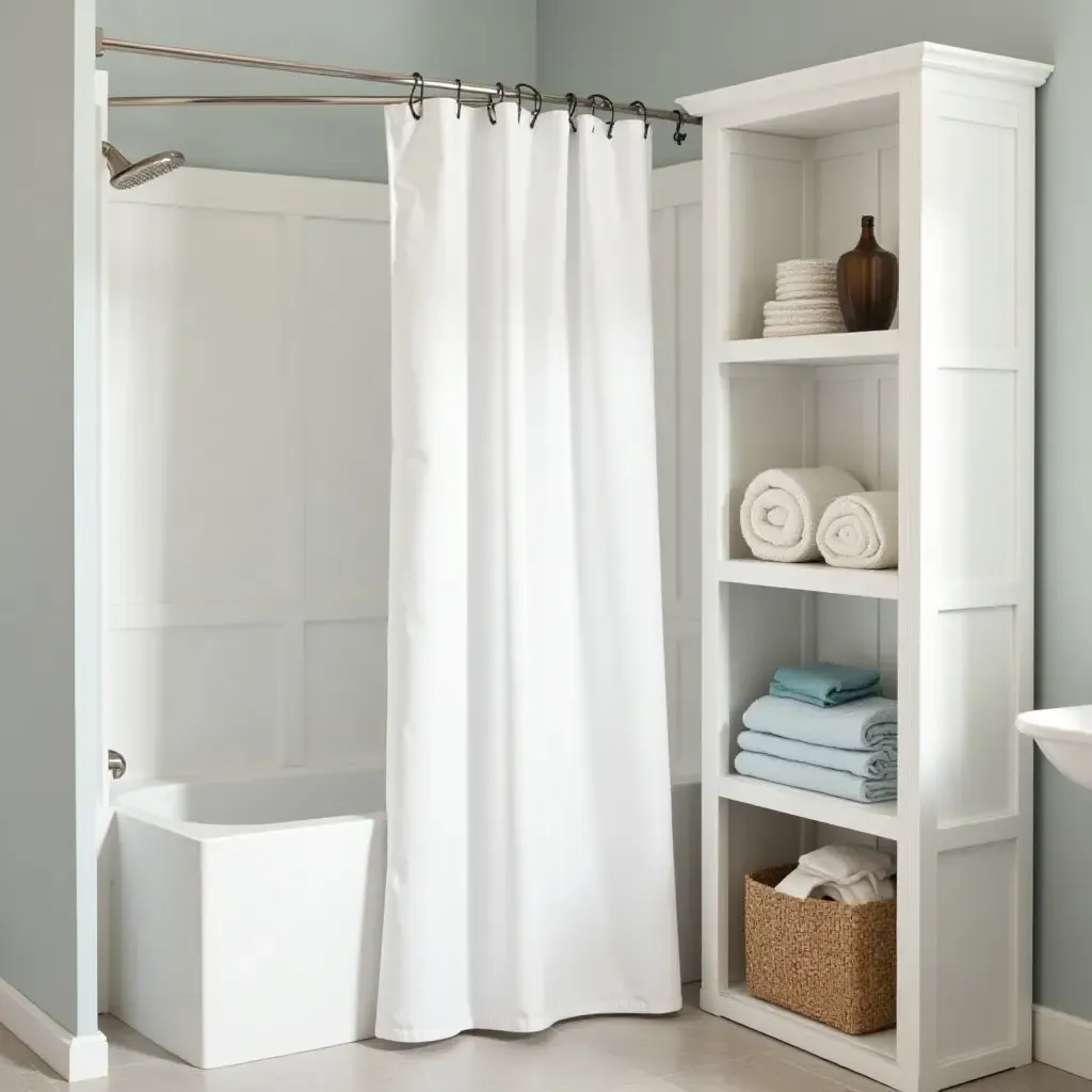 a photo of a bathroom featuring a stylish shower curtain rod storage