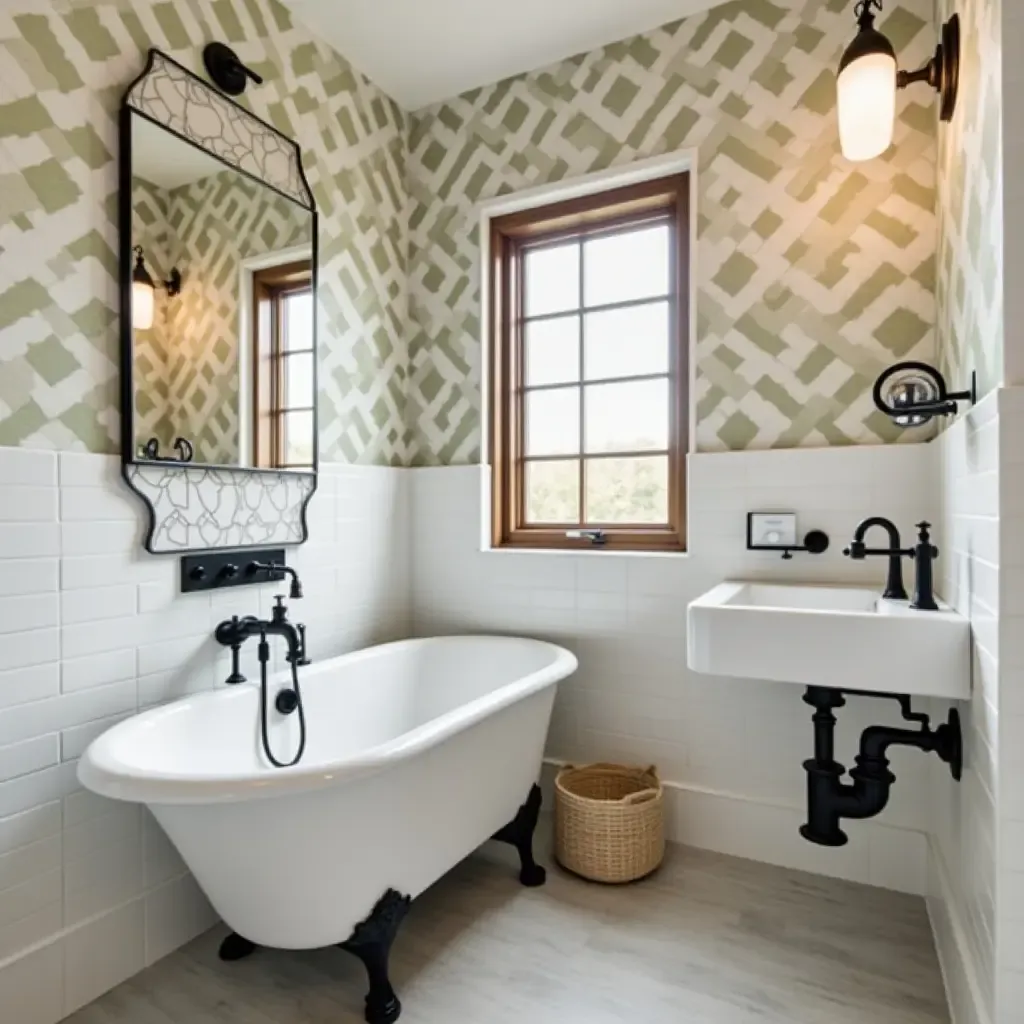 a photo of a unique bathroom showcasing vintage plumbing fixtures and modern amenities