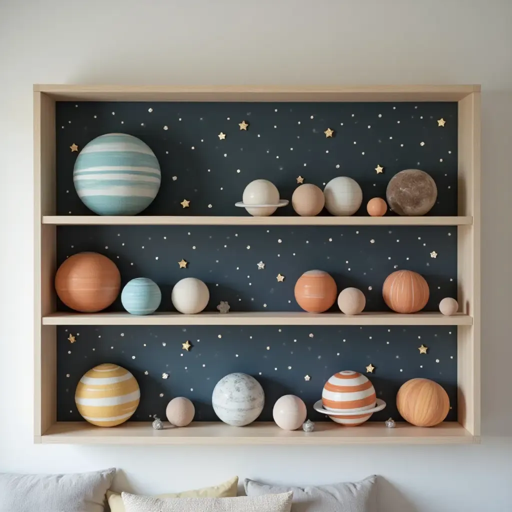 a photo of a space-themed shelf with planets and stars for kids&#x27; room