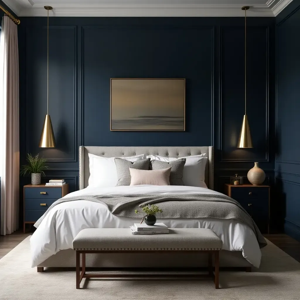 a photo of a master bedroom with deep navy walls and gold decor elements