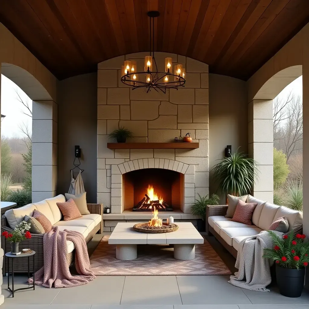 a photo of a detached covered patio with a fireplace and warm blankets