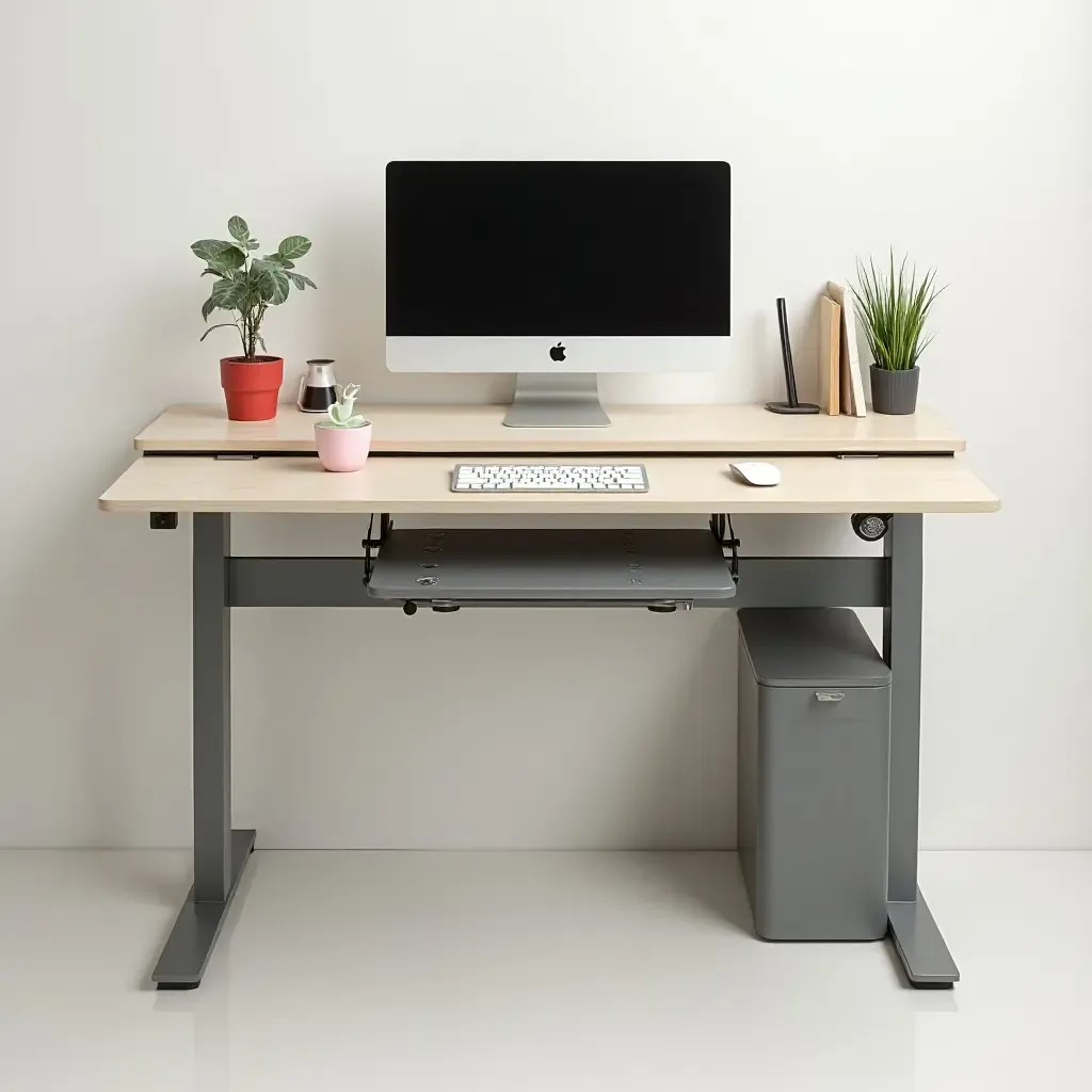 a photo of an ergonomic desk with a standing option and colorful accessories