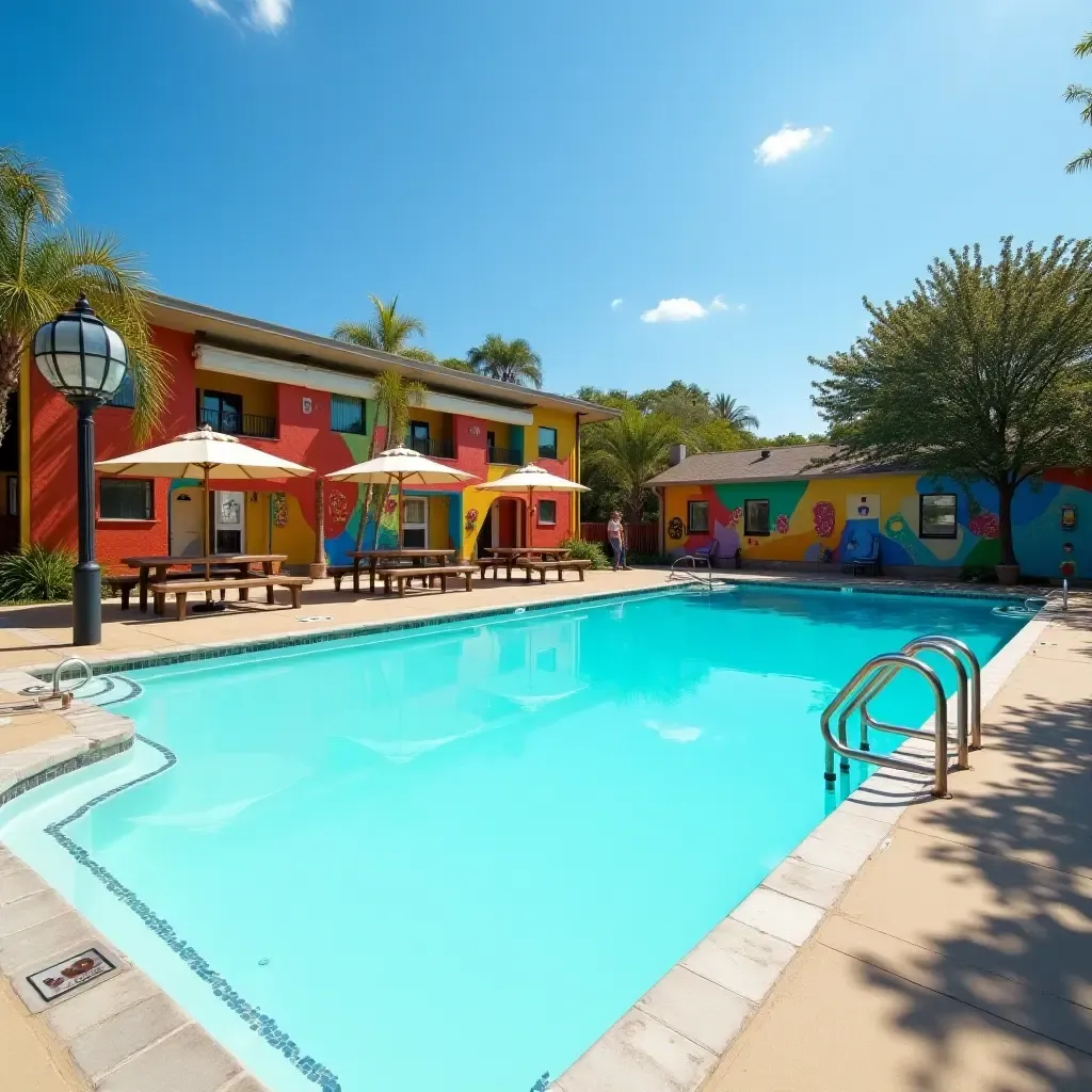 a photo of a vibrant community pool with colorful murals and picnic areas