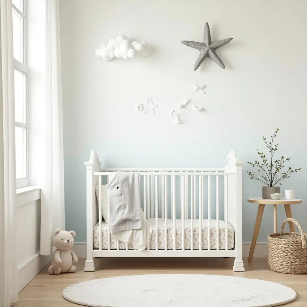 a photo of a nursery showcasing a playful beach-themed decor