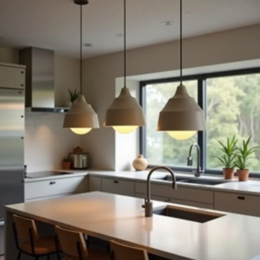 a photo of modern pendant lights in a minimalist kitchen