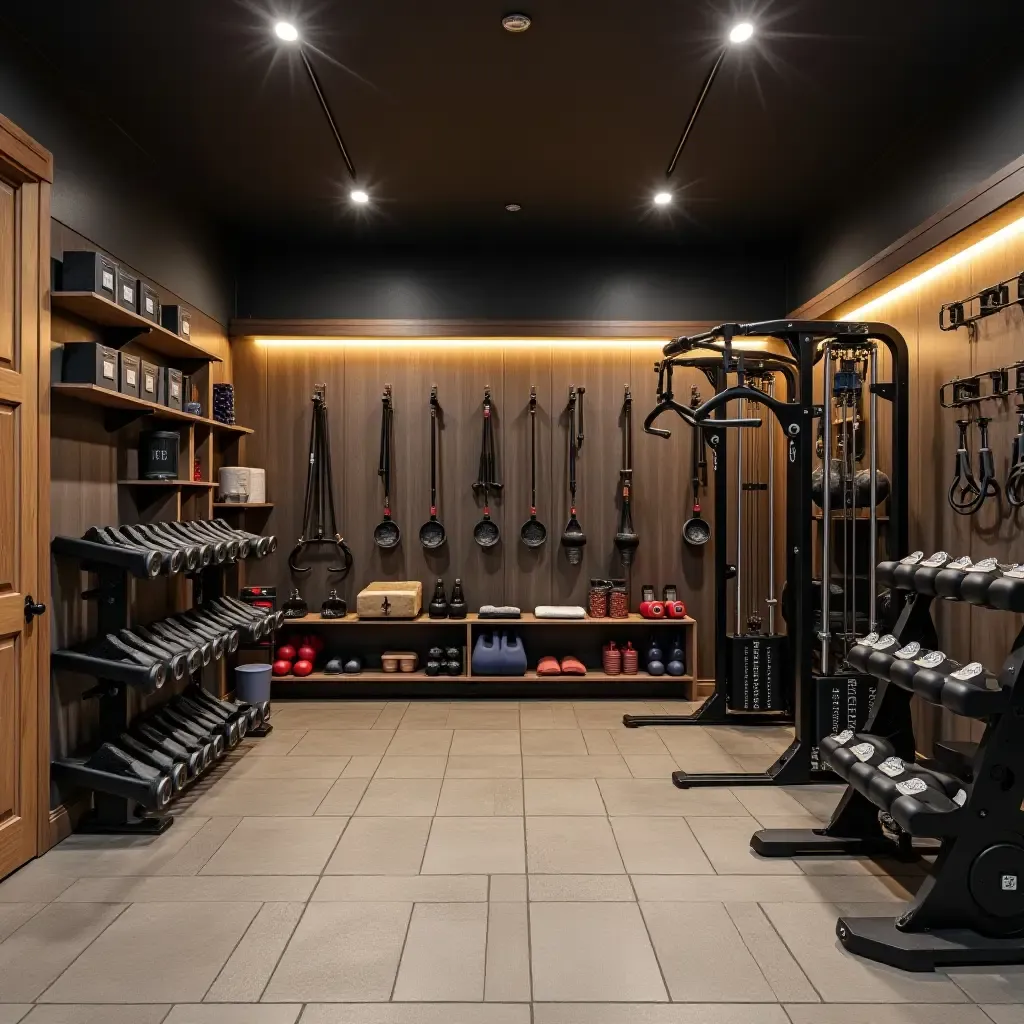 a photo of a basement gym with organized equipment storage