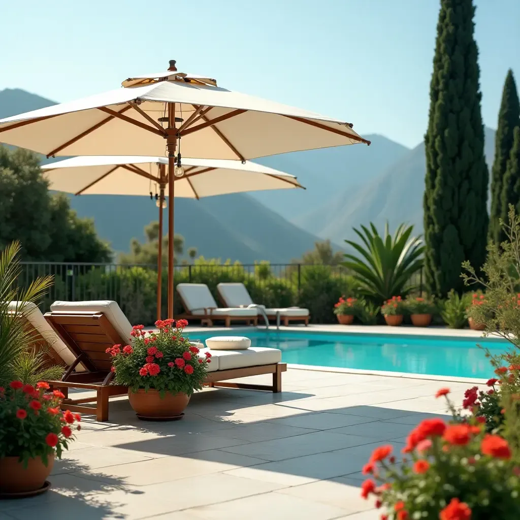 a photo of a chic umbrella surrounded by potted flowers by the pool