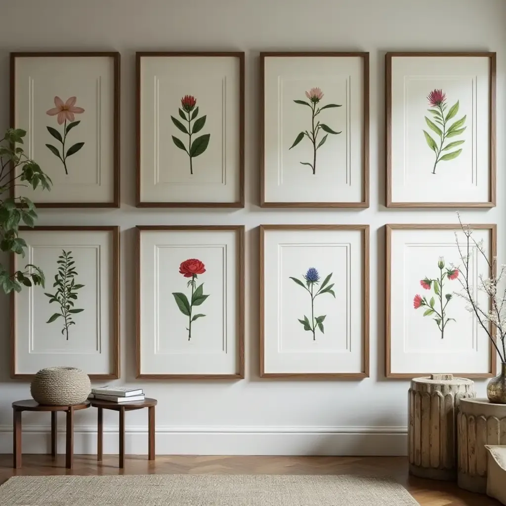 a photo of a library gallery wall featuring framed botanical prints