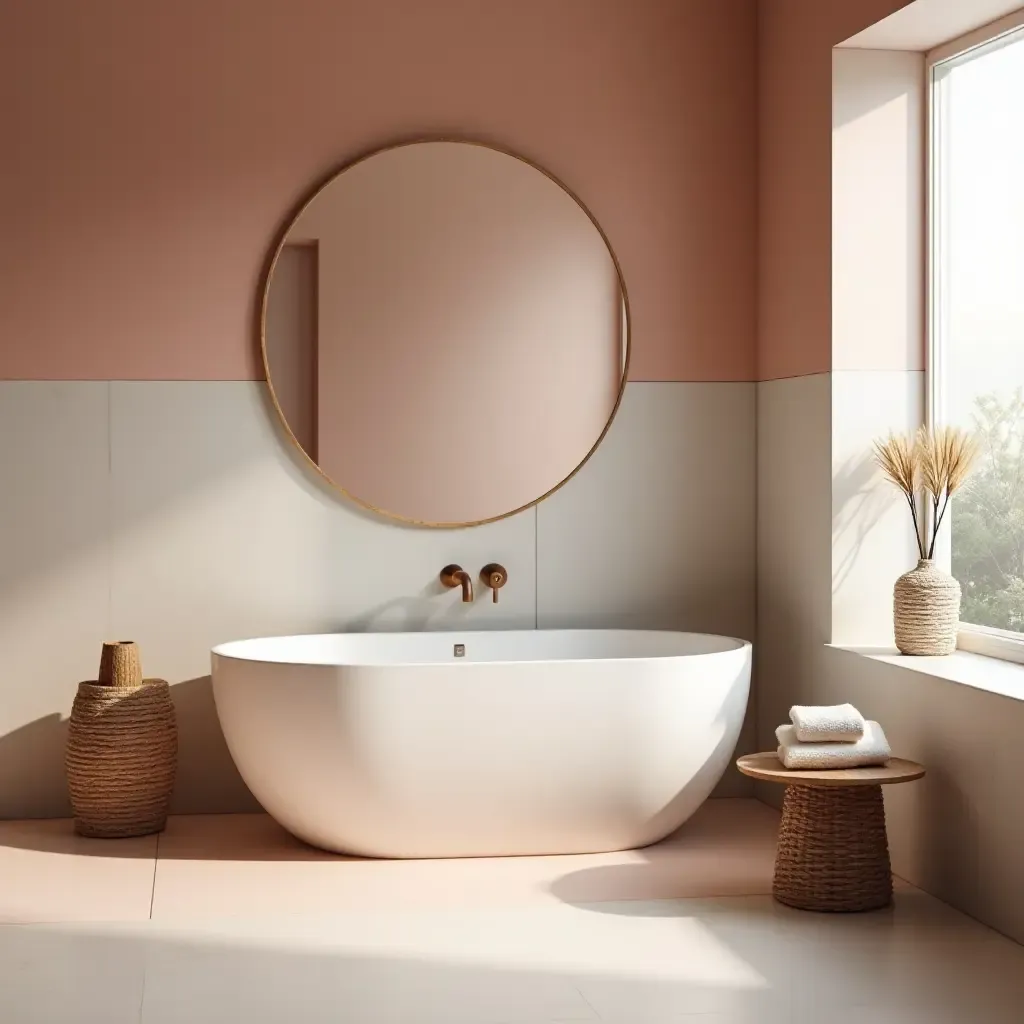 a photo of a bathroom featuring a beautiful color gradient and chic accessories