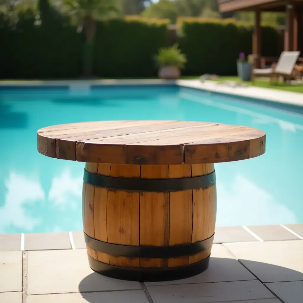 a photo of a wooden barrel used as a table by the pool