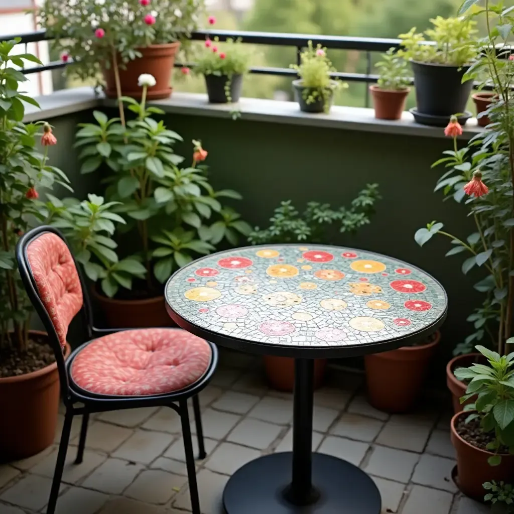 a photo of a balcony featuring a colorful mosaic table surrounded by plants