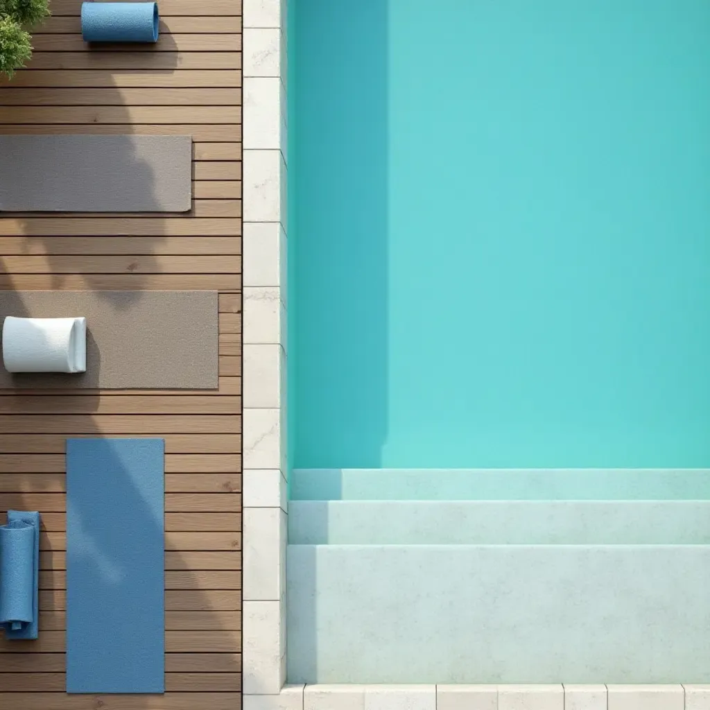 a photo of a wooden platform with yoga mats beside the pool