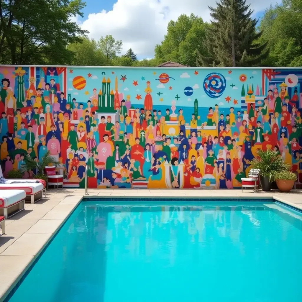 a photo of a colorful mural painted on the wall beside the pool