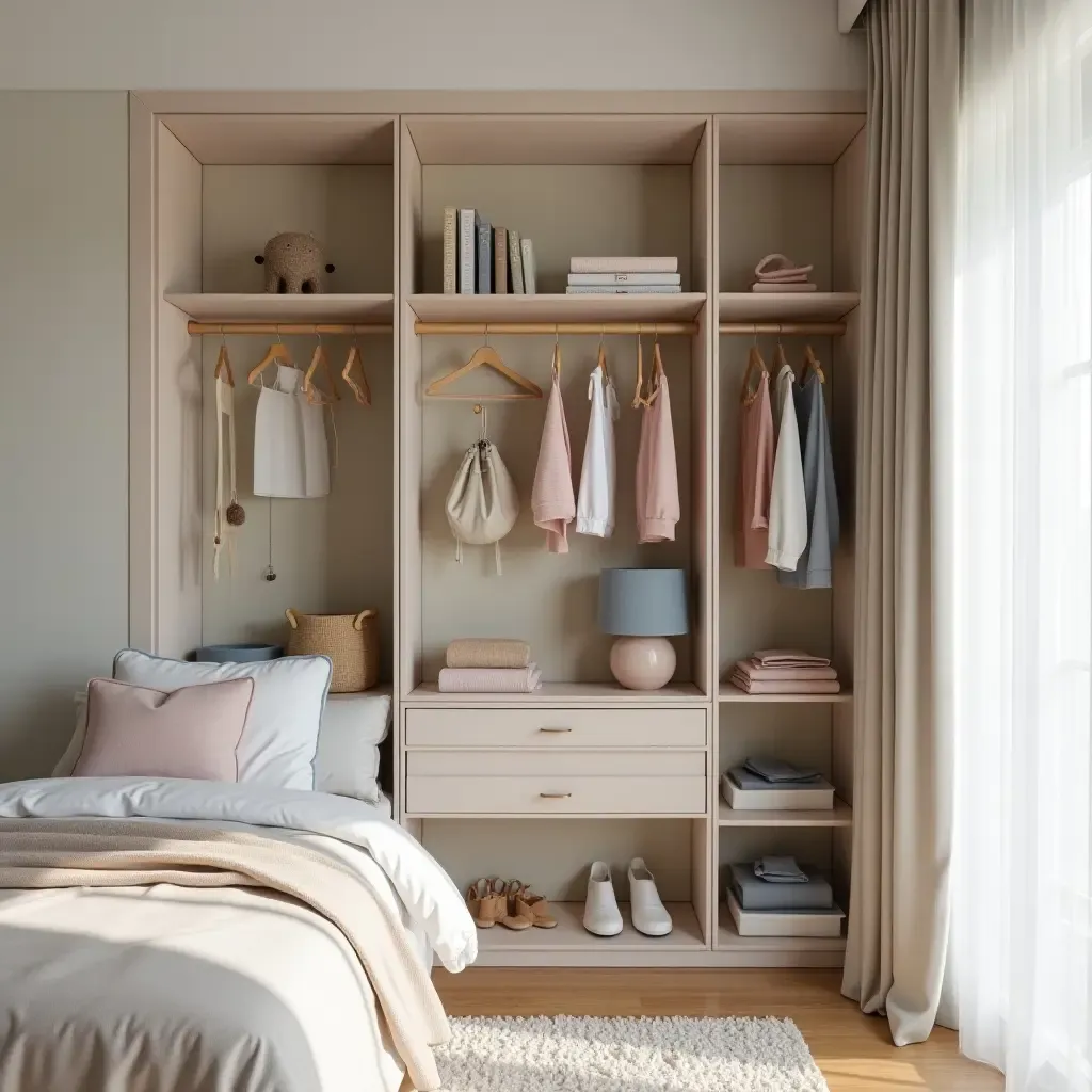 a photo of a kids&#x27; bedroom with a creative closet organization