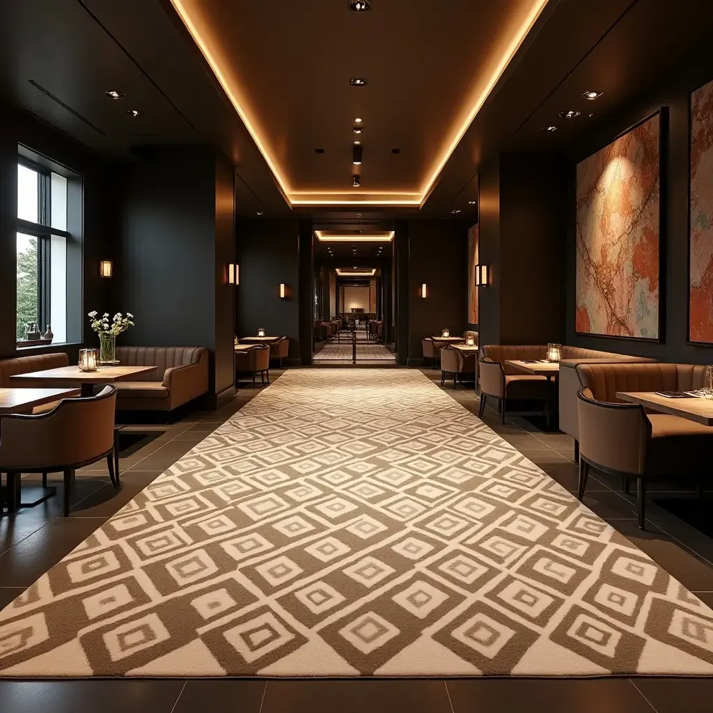 a photo of a sophisticated diamond pattern rug in an upscale lounge