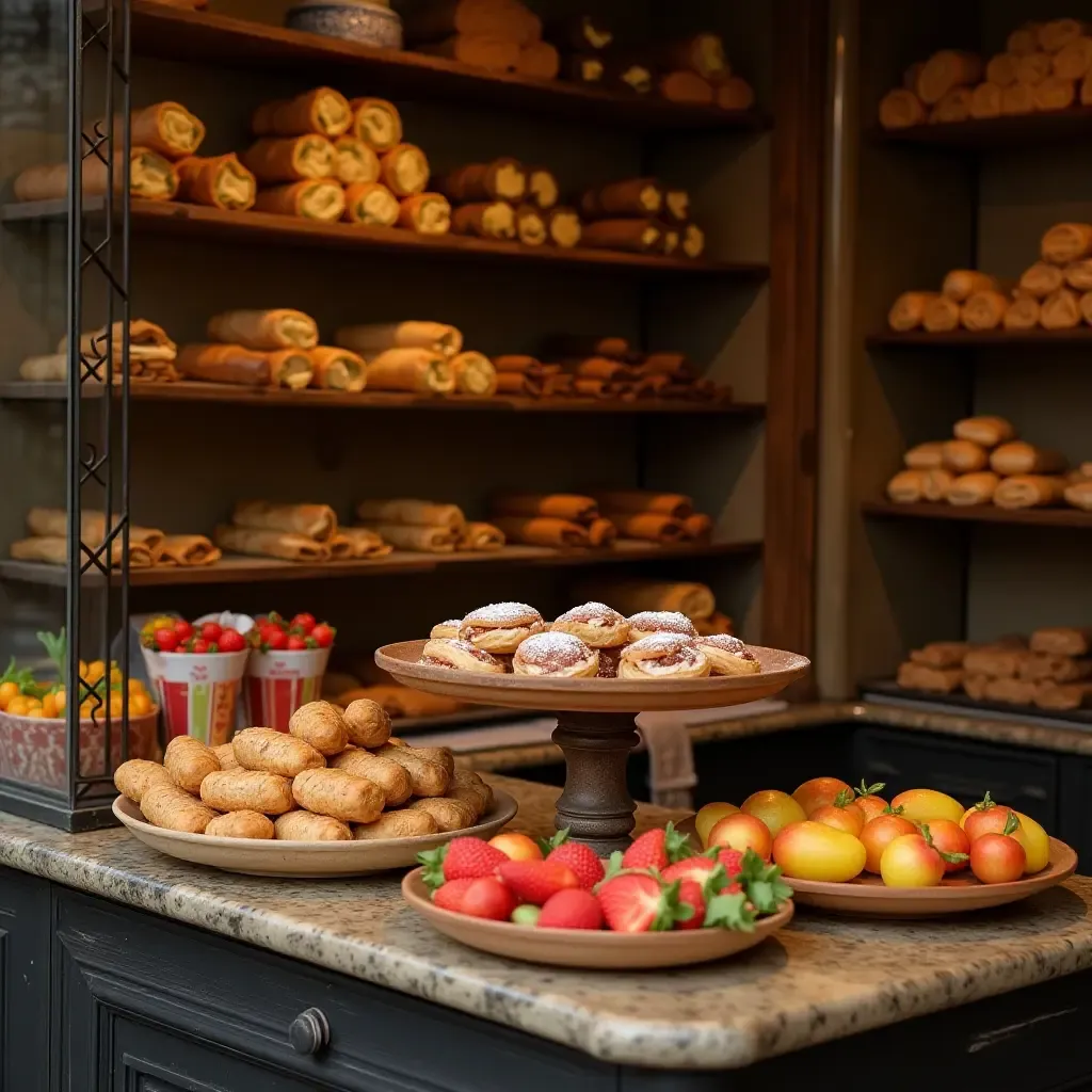 a photo of a quaint Sicilian bakery with colorful cannoli and marzipan fruits on display.