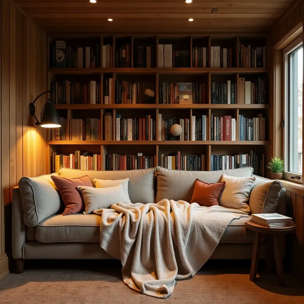 a photo of a basement reading nook with cozy fabric blankets, wooden bookshelves, and metal reading lamps