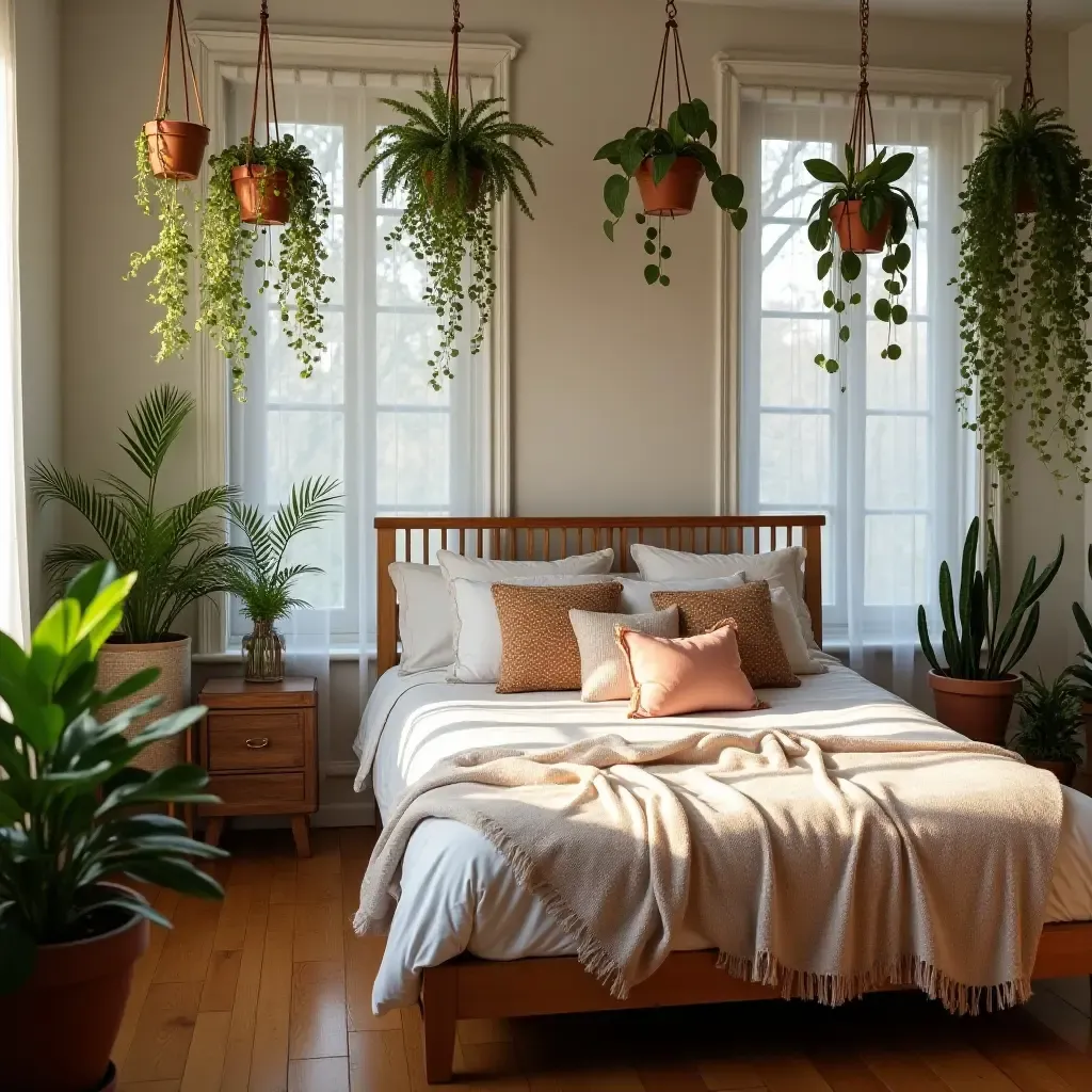 a photo of a bohemian-style bedroom with hanging plants