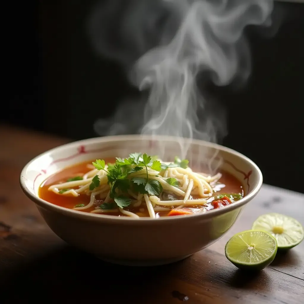 a photo of steaming bowl of pho with fresh herbs and lime on the side