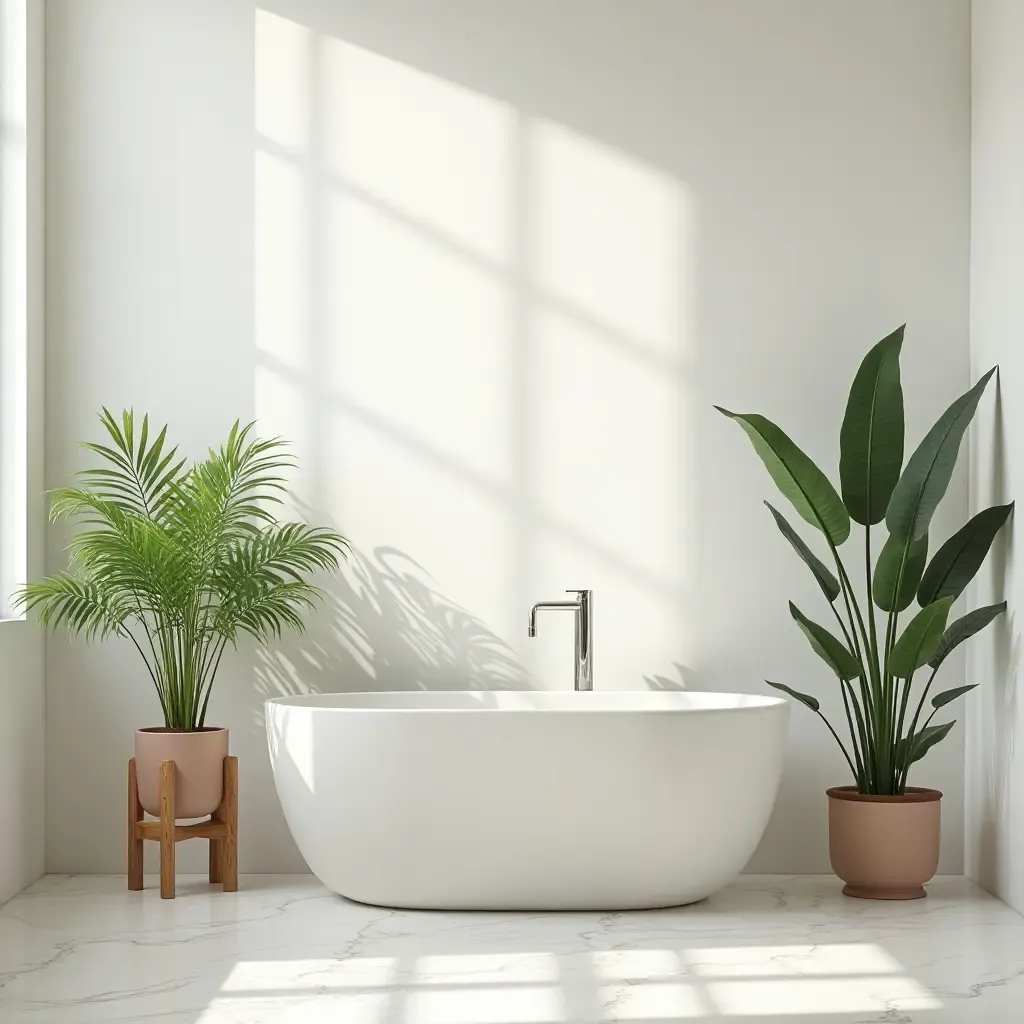 a photo of a wooden plant stand with greenery in a bright bathroom