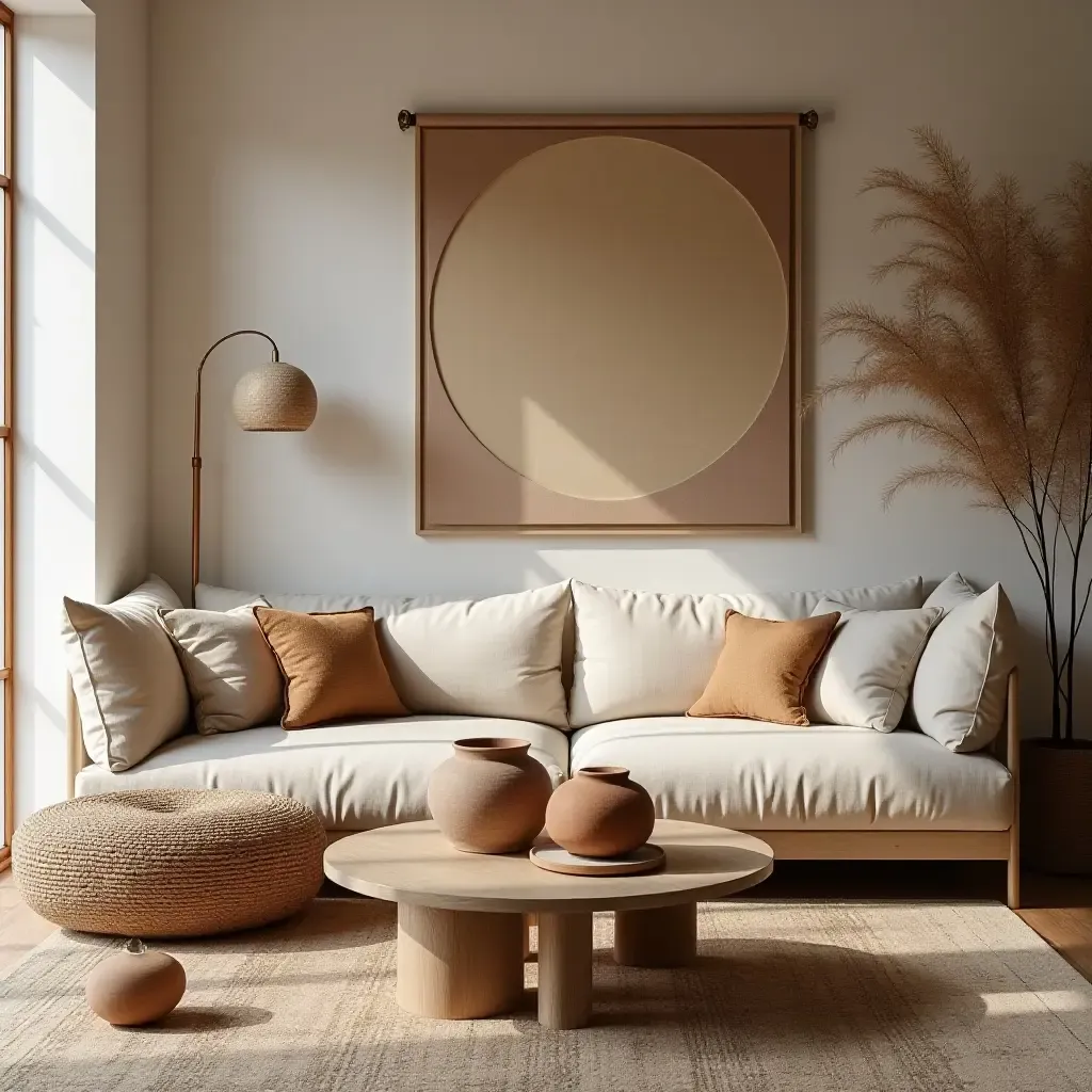 a photo of a living room featuring handmade pottery and woven textiles