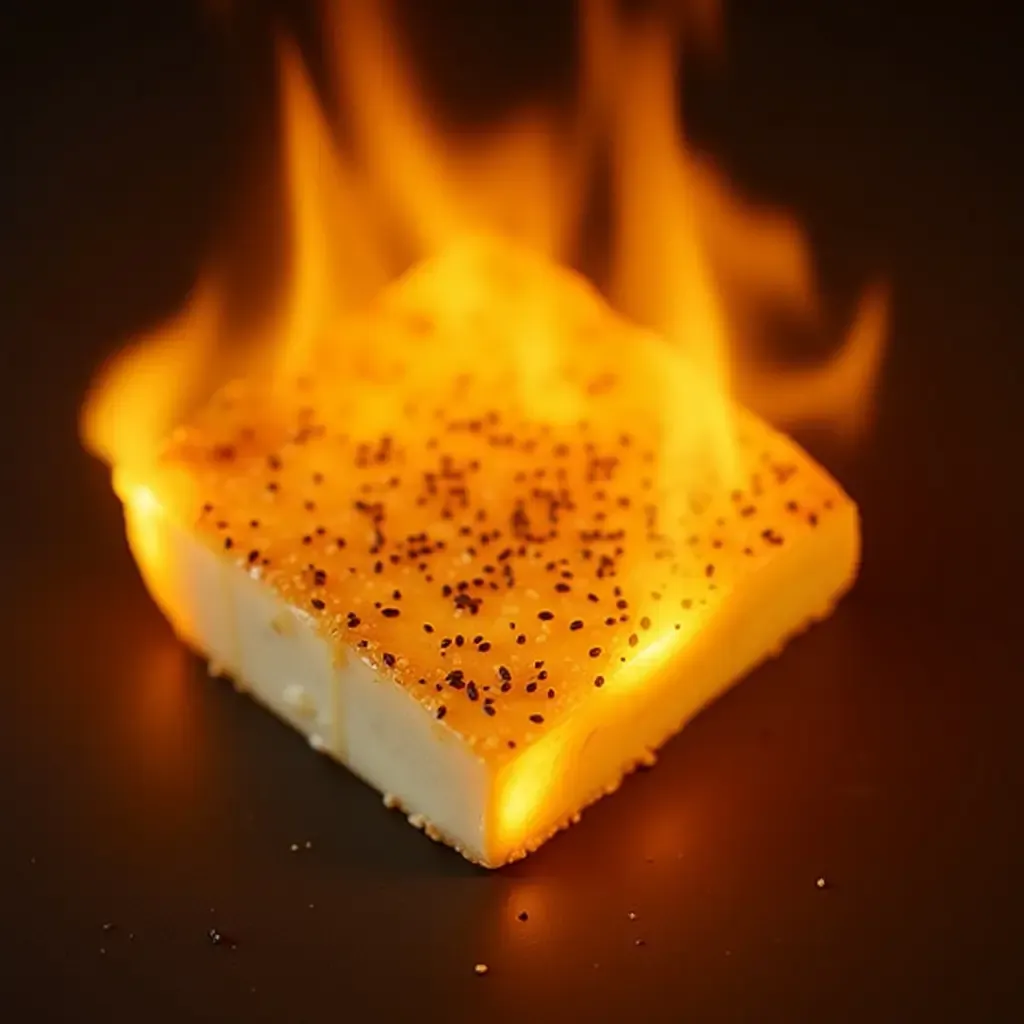 a photo of a creative Greek saganaki cheese flambé with honey and sesame seeds.