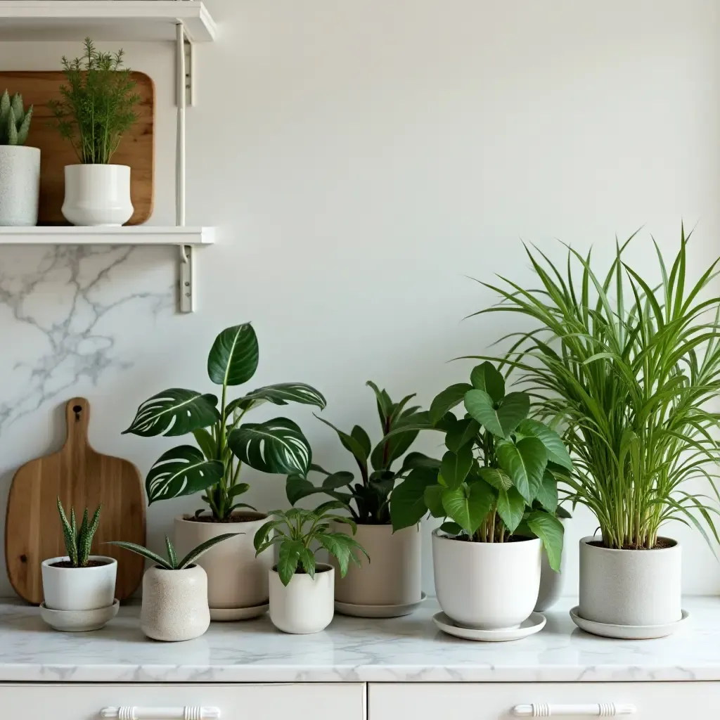 a photo of vibrant kitchen plants displayed on a marble shelf