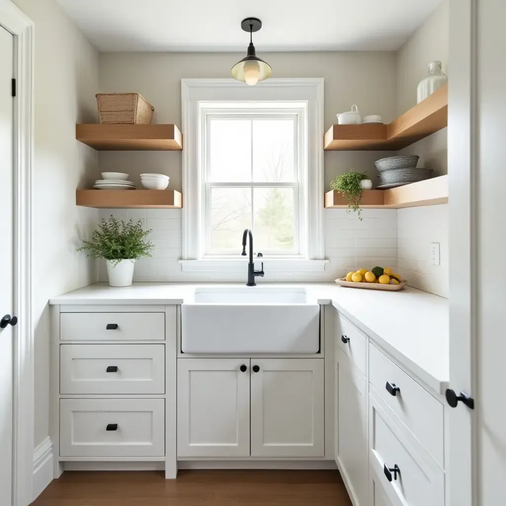 a photo of a butler&#x27;s pantry with a farmhouse sink and open shelving