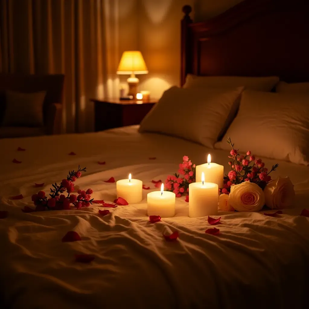 a photo of a romantic bedroom with candlelight and floral arrangements