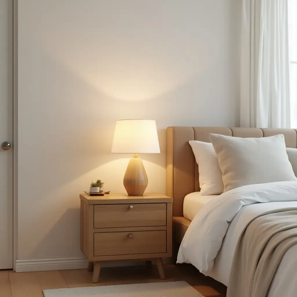 a photo of a wooden nightstand with a lamp in a nursery