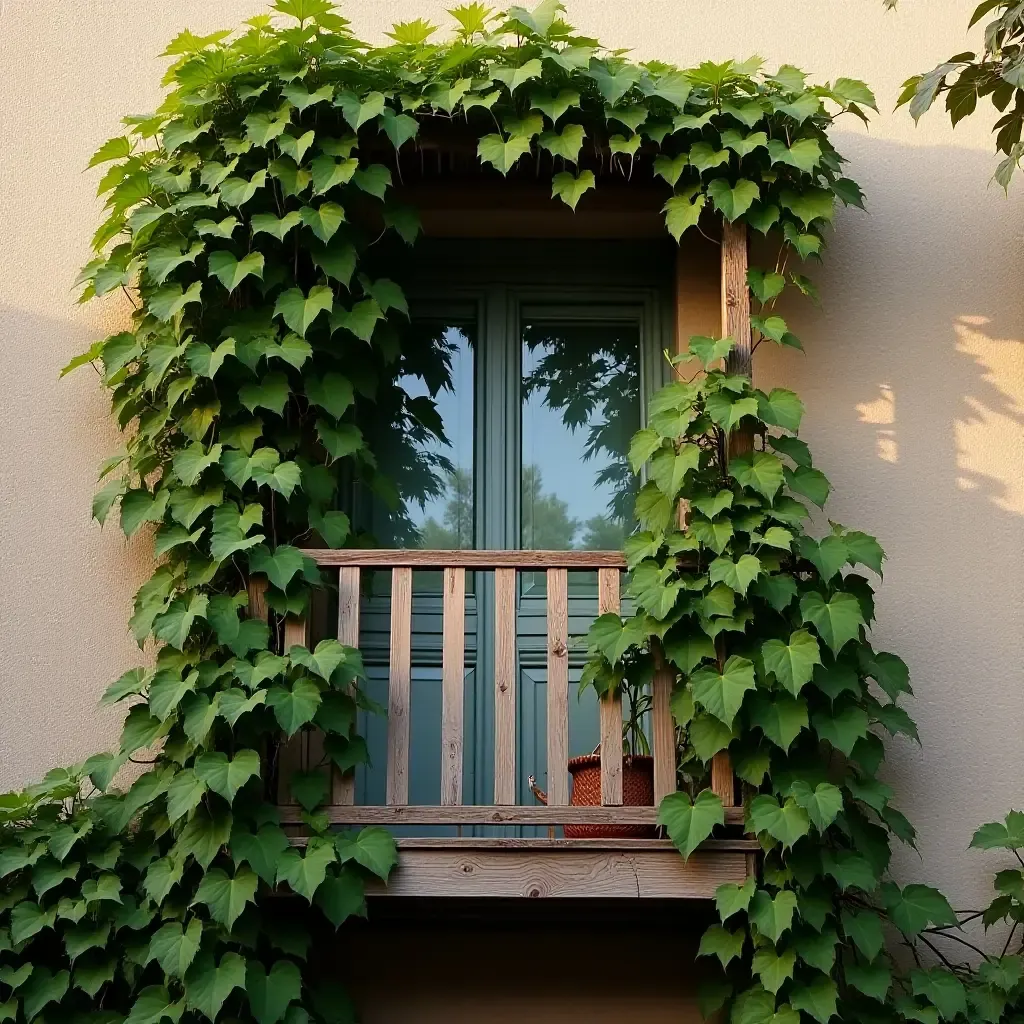 a photo of a balcony covered in climbing vines