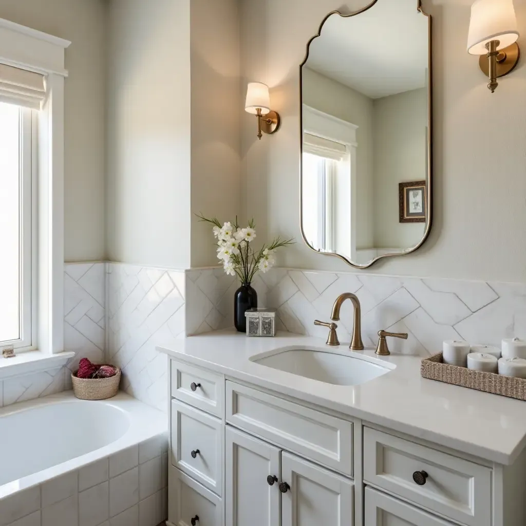 a photo of a bathroom with a statement mirror and trendy decor accents