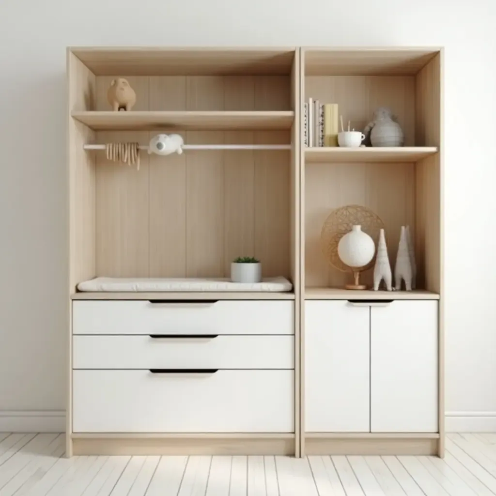 a photo of a functional nursery shelf with a combination of open and closed storage