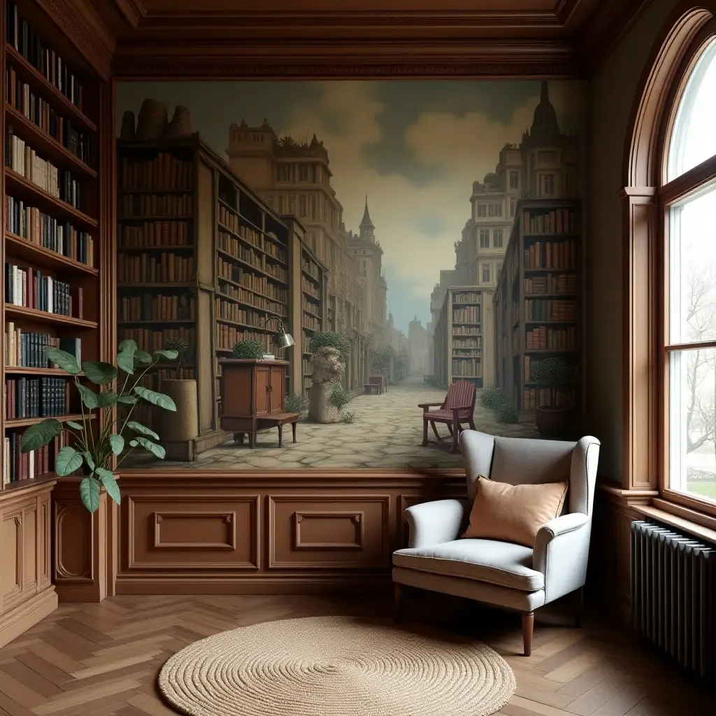 a photo of a cozy corner with a mural of a library scene