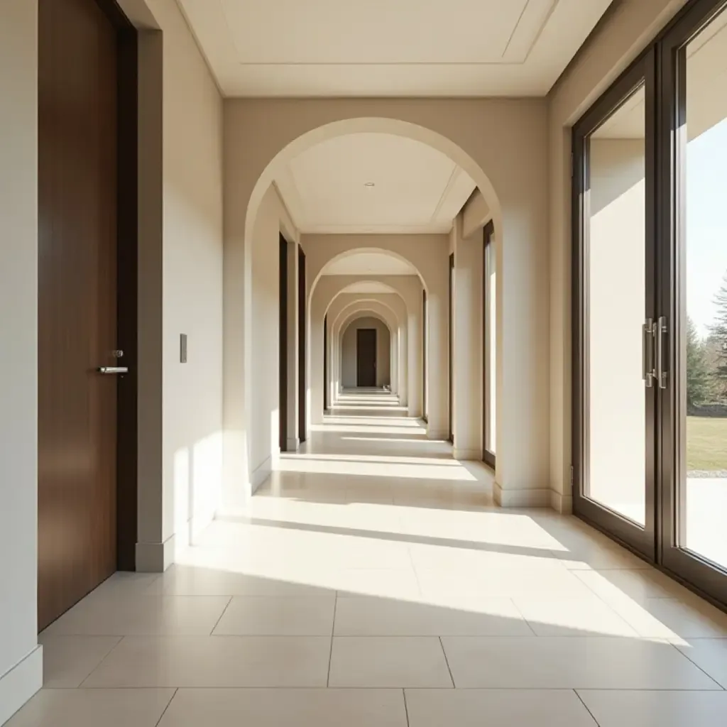 a photo of an elegant corridor with minimalist decor and natural light