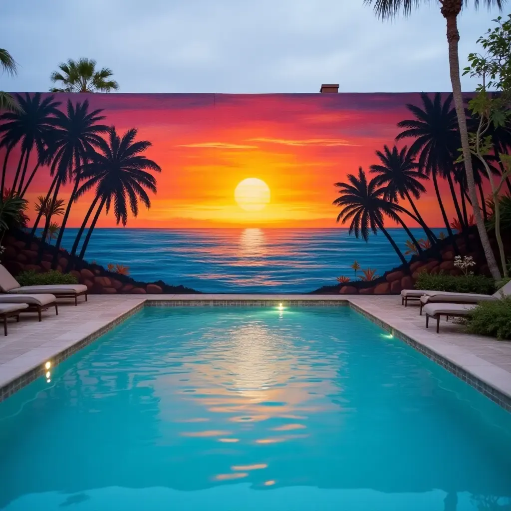 a photo of a stunning sunset mural overlooking the pool