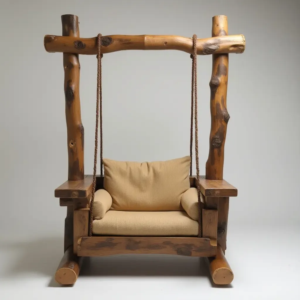 a photo of a rustic hanging chair made from reclaimed wood